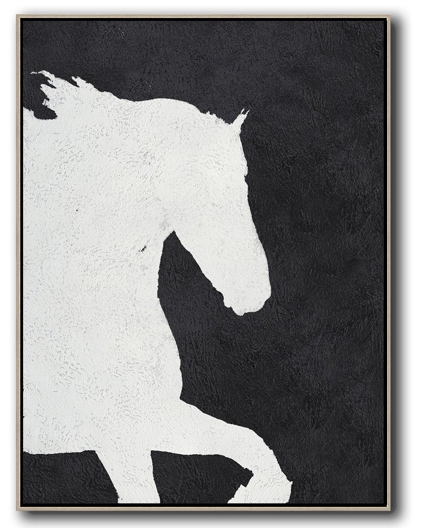 Hand-Painted Black And White Minimal Painting On Canvas - Inexpensive Canvas Wall Art Guest Room Huge